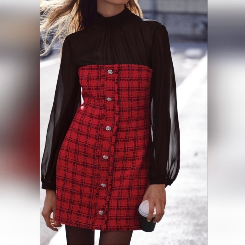 Zara Red and Black Long Sleeve Dress